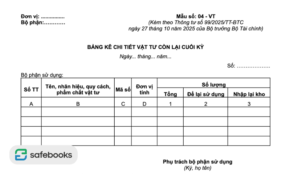 Bảng kê chi tiết vật tư cuối kỳ theo TT99