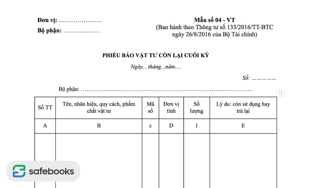 Phiếu báo vật tư còn lại cuối kỳ theo TT133