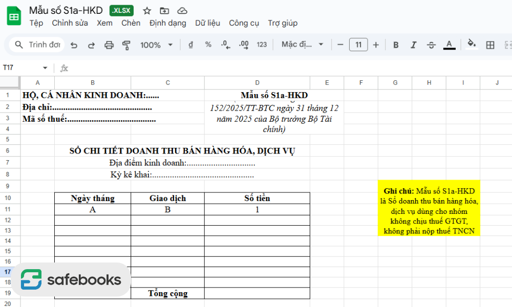 Mẫu số S1a-HKD theo Thông tư 152/2025/TT-BTC