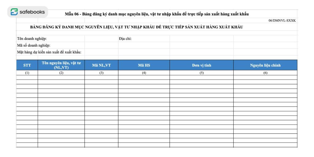 Tải Mẫu Bảng đăng ký danh mục nguyên liệu, vật tư nhập khẩu