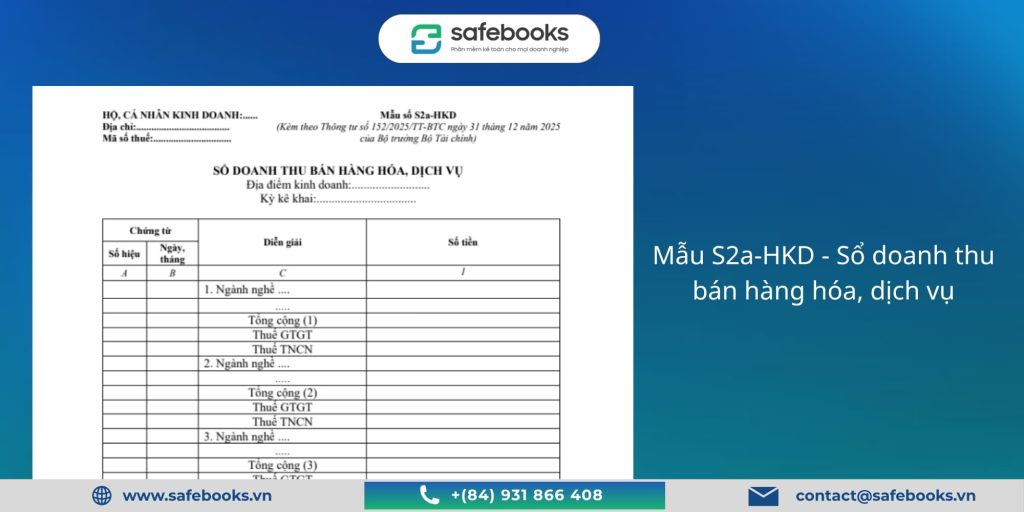 (Tải Miễn Phí) 7 Mẫu Sổ Sách Kế Toán Hộ Kinh Doanh Excel 2026 2 Mẫu S2a-HKD - Sổ doanh thu bán hàng hóa, dịch vụ