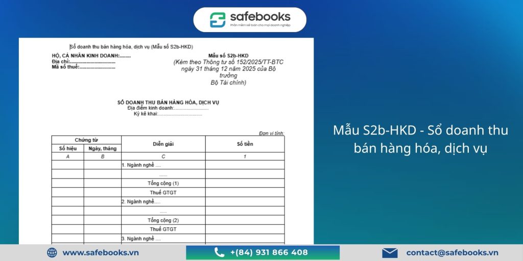 (Tải Miễn Phí) 7 Mẫu Sổ Sách Kế Toán Hộ Kinh Doanh Excel 2026 3 Mẫu S2b-HKD - Sổ doanh thu bán hàng hóa, dịch vụ