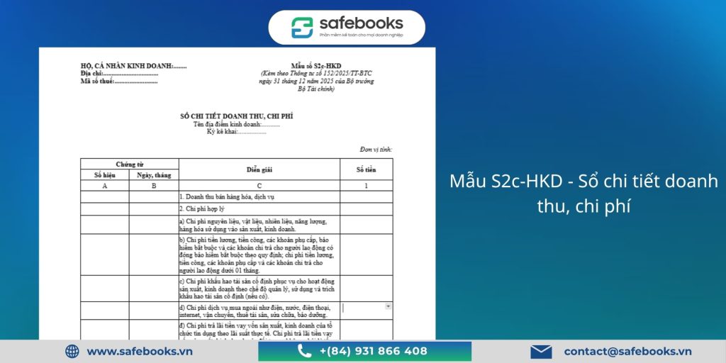 (Tải Miễn Phí) 7 Mẫu Sổ Sách Kế Toán Hộ Kinh Doanh Excel 2026 4 Mẫu S2c-HKD - Sổ chi tiết doanh thu, chi phí