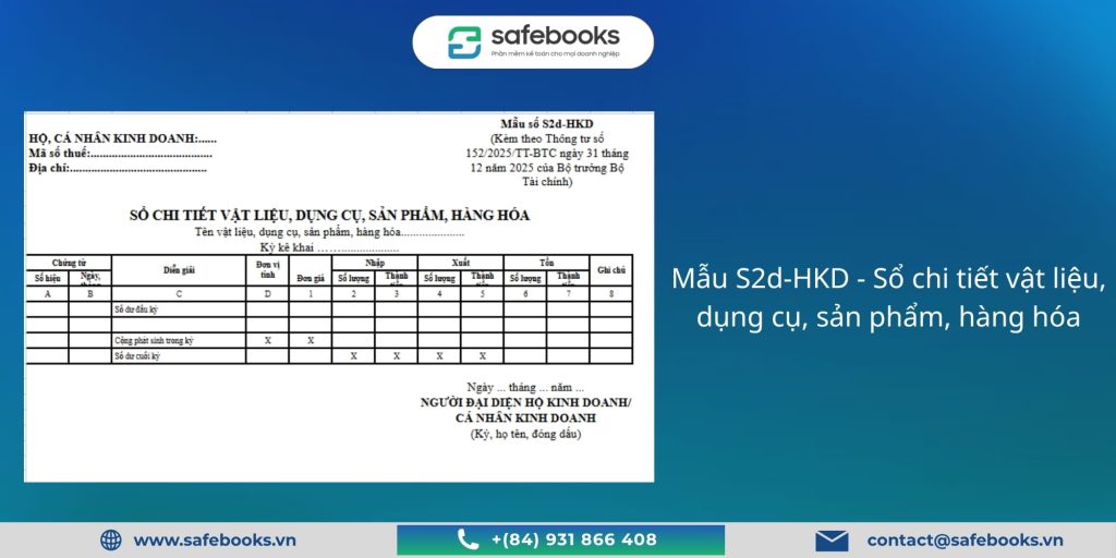 (Tải Miễn Phí) 7 Mẫu Sổ Sách Kế Toán Hộ Kinh Doanh Excel 2026 5 Mẫu S2d-HKD - Sổ chi tiết vật liệu, dụng cụ, sản phẩm, hàng hóa