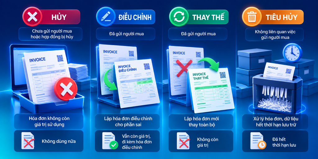 Hủy hóa đơn điện tử: phân biệt hủy, tiêu hủy, điều chỉnh, thay thế