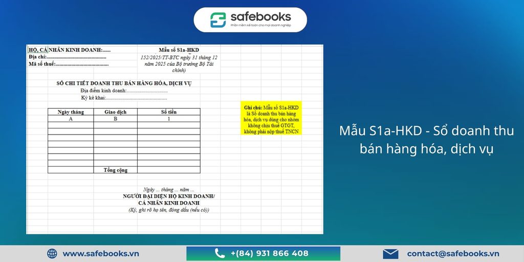 (Tải Miễn Phí) 7 Mẫu Sổ Sách Kế Toán Hộ Kinh Doanh Excel 2026 1 Mẫu S1a-HKD - Sổ doanh thu bán hàng hóa, dịch vụ
